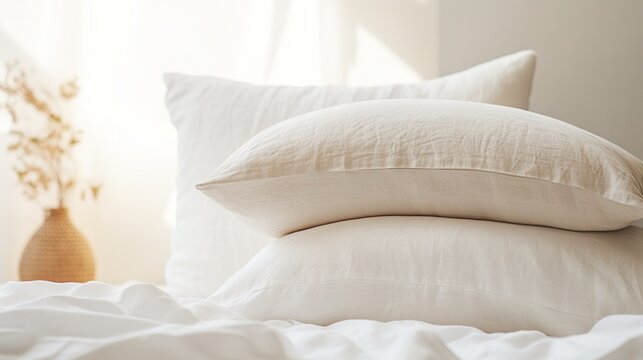 Stack of white pillows, modern interior bedroom
