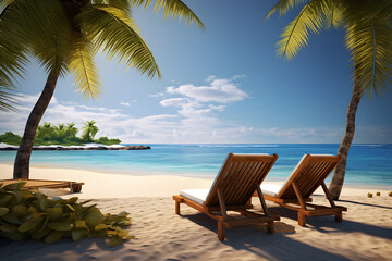 Fototapeta na wymiar Zwei Liegestühle an karibischem Sandstrand mit weißem Sand, türkisblauem Meer und Palmen, Urlaub und Erholung im Paradies, erstellt mit generativer KI