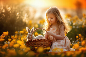 Beautiful little girl with Easter bunny in the meadow