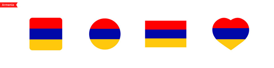 National flag of Armenia. Armenia flag icons in the shape of a square, circle, heart. Isolated flags for language selection. Vector icons