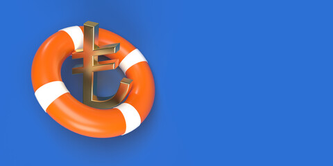 3D rendered gold color turkish lira currency symbol in the lifebuoy. Financial situation and savings concept. Large copy space with blue background.