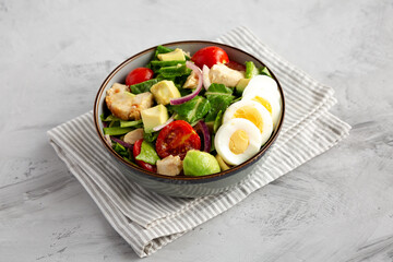 Homemade Honey Mustard Chicken Salad in a Bowl, side view.