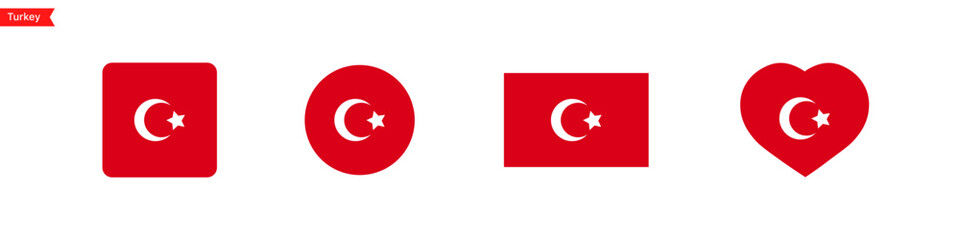 National flag of Turkey. Turkey flag icons in the shape of a square, circle, heart. Isolated flags for language selection. Vector icons