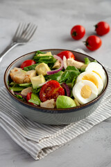 Homemade Honey Mustard Chicken Salad in a Bowl, side view.