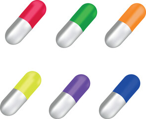 Set of different color pills on transparent background