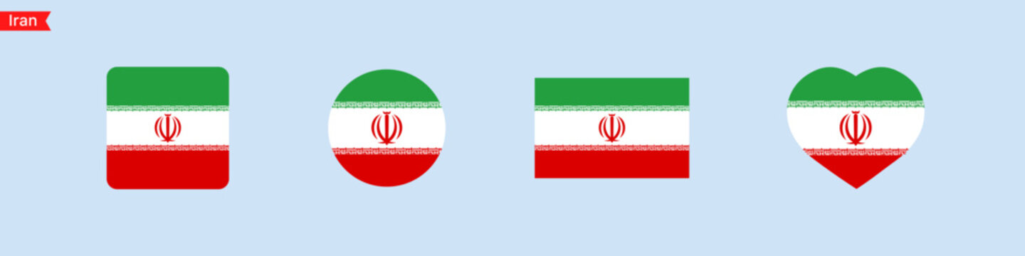 National flag of Iran. Iran flag icons in the shape of a square, circle, heart. Isolated flags for language selection. Vector icons