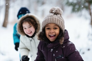 Fototapeta na wymiar Cheerful children enjoy winter together, playing in the snow with joy.