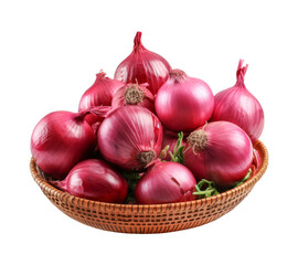 Red onions in wicker basket isolated on white background with clipping path