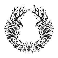 Poster with natural ornament, deer's horns, antlers. Plant elements, twigs, leaves, dots, circle. Vector illustration for typography. Print to sticker, banner, tattoo design, flyer, web, advertising
