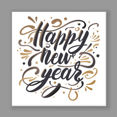 Happy New Year poster. Trendy golden calligraphy, text, gold stars, heart. Vector lettering illustration for typography. Print to party, sticker, banner, badge, design, flyer, web, advertising. 