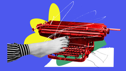 Female legs typing on typewriter against blue background. Creation of a story. Journalism. Contemporary art collage. Concept of y2k style, retro items, vintage, creativity, imagination, surrealism.