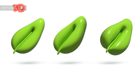 Set vector 3d render leaves, isolated on white background. Plants icon. Nature, healthcare, herbal, organic, eco, bio. Vector illustration for postcard, icons, poster, banner, web, design, arts.