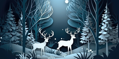 Paper art style, paper cut deer in winter forest - obrazy, fototapety, plakaty