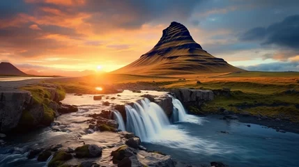 Acrylic prints Kirkjufell Amazing Icelandic natural landscape. Wonderfully scenic sunset above the majestic Kirkjufell (Church mountain) and cascades. Iceland's Kirkjufell mountain. Well-known places for travel
