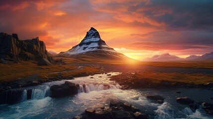 Fototapeta premium Amazing Icelandic natural landscape. Wonderfully scenic sunset above the majestic Kirkjufell (Church mountain) and cascades. Iceland's Kirkjufell mountain. Well-known places for travel