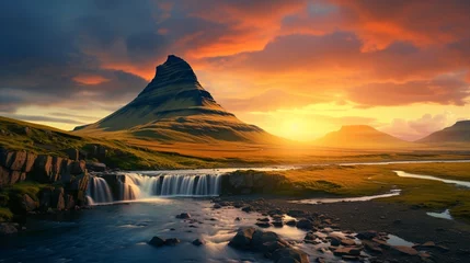 Crédence de cuisine en verre imprimé Kirkjufell Amazing Icelandic natural landscape. Wonderfully scenic sunset above the majestic Kirkjufell (Church mountain) and cascades. Iceland's Kirkjufell mountain. Well-known places for travel