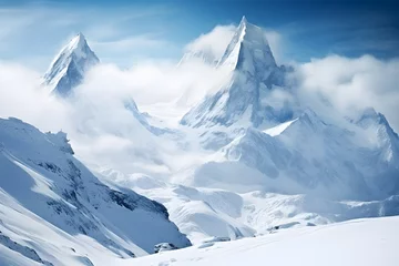 Fotobehang Sharp mountain cliffs covered with snow with clouds around ai generated art. © Tsanko