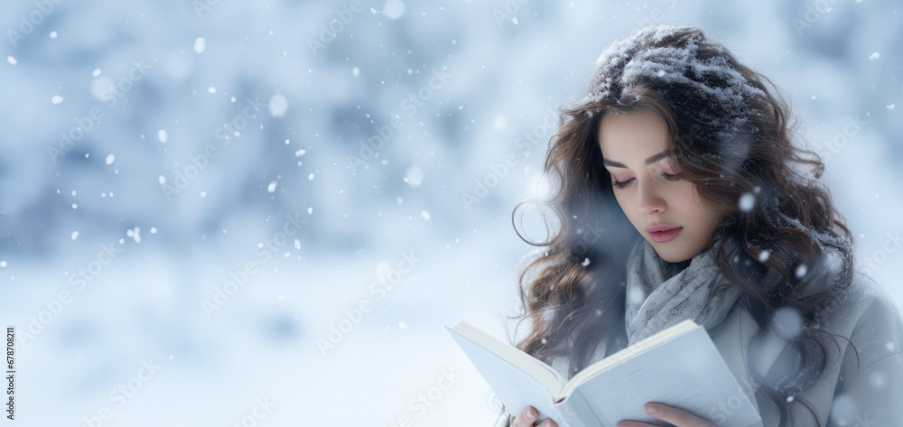 Poster content person reading amidst serene snowfall background with empty space for text