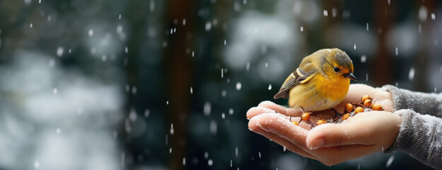Delighted person feeding snow-covered birds in winter garden background with empty space for text  - obrazy, fototapety, plakaty