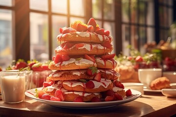 Strawberry pancakes on a wooden table.