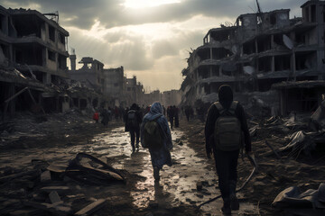 People are walking in a destroyed area of Gaza - obrazy, fototapety, plakaty