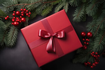 Obraz na płótnie Canvas Monochromatic Red Big Gift Box Arrangement, Minimalist Present With Pine Twigs. Gift Background For Valentine's Day, Christmas, Birthday, Wedding Or Special Occasion. Generative AI 