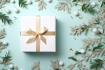 White Big Gift Box Arrangement, Minimalist Present With Pine Twigs. Gift Background For Christmas, Birthday, Wedding, Valentine's Day Or Special Occasion. Generative AI 