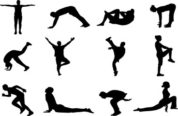 Yoga positions set. Silhouettes of slim girl practicing yoga stretching exercises. Shapes of woman doing yoga fitness workout. Easy to change color or manipulate. eps 10.