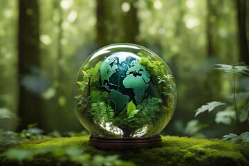 Obraz na płótnie Canvas Glass globe encircled by verdant forest flora, symbolizing nature, environment, sustainability, ESG, and climate change awareness