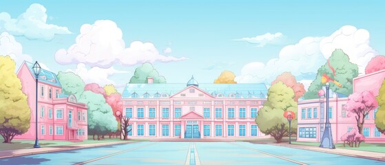 Hand drawn school building cartoon on pastel color background. AI generated - obrazy, fototapety, plakaty