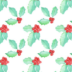 Beautiful seamless pattern in watercolor style (paper, paint, brush) - branches with rowan berries on a white background - winter concept, christmas