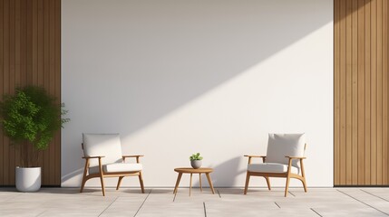 Living room wall background mockup with warm light, chairs, tables, flower pots, and trees. Generative AI