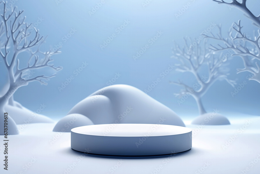 Poster Empty white podium on floor in front of blurred white snow snowy trees background. Template for product presentation display. High quality photo