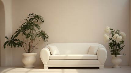 Modern wall background mockup with white sofas, large pots, flowers and trees. Generative AI
