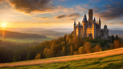 Beautiful landscape, a gothic castle at sunset