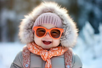 Generative AI photo of beautiful adorable cheerful child walking frosty sunny snowy winter day outdoors