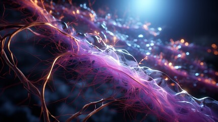 Abstract image of a blue background with bright light effects and purple fibers. Glowing particles and structures, macro view of a cell or microorganism. Banner with copy space