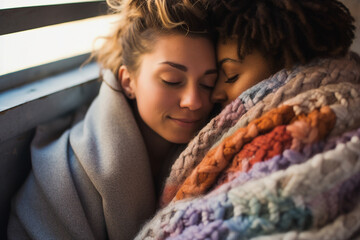 Generative AI closeup portrait female partners wrapped in warm laundry blanket waking up cosy morning - obrazy, fototapety, plakaty