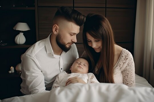 A portrait of a mother and father holding a newborn baby son at home.