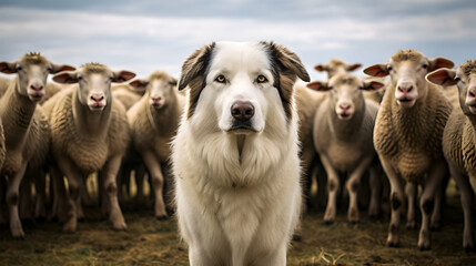 Shepherd dog standing in front, a herd of sheep in the background, wide broad banner, header, generative ai