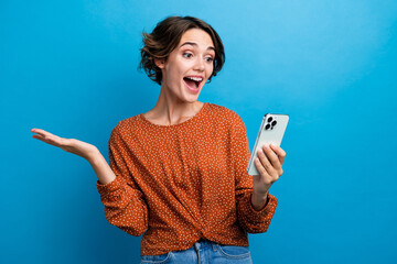 Photo portrait of attractive young woman excited online video call talk wear trendy brown clothes...