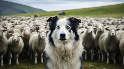 Shepherd dog border collie standing in front, a herd of sheep in the background, wide broad banner, header, generative ai