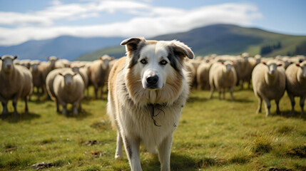 Shepherd dog border collie standing in front, a herd of sheep in the background, wide broad banner, header, generative ai