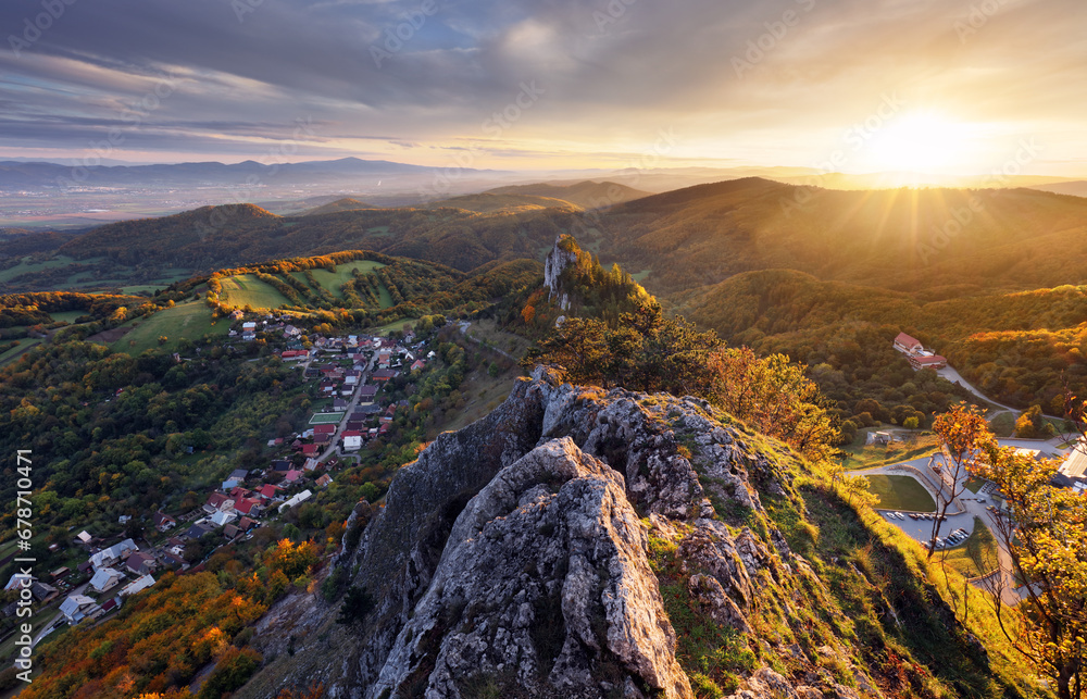 Sticker View of autumn landscape with rocky mountains in the background. The Vrsatec National Nature Reserve in the White Carpathian Mountains, Slovakia, Europe.