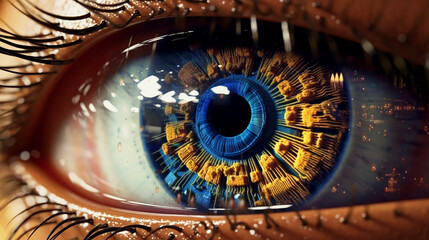 Fototapeta premium a human eye, with a reflection of a complex data visualization in the iris. The data visualization represents the future predictions made by an AI created with Generative Ai