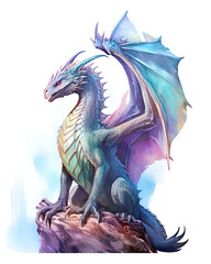 Fototapeta premium Watercolor blue dragon. Symbol of new 2024 year, isolated