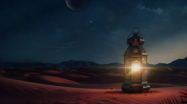 a arabic lantern on desert in the corner side at night copy space, ramadhan, eid mubarak, celebration ramadan festive, seamless looping 4K video animation background