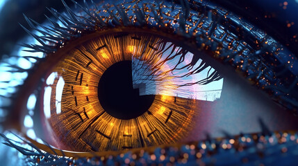 a human eye, with a reflection of a complex data visualization in the iris. The data visualization represents the future predictions made by an AI created with Generative Ai - obrazy, fototapety, plakaty