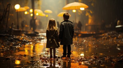 A boy and a little girl stand in the rain holding hands.  adults with umbrellas in the background