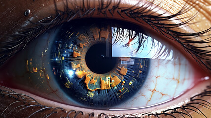 a human eye, with a reflection of a complex data visualization in the iris. The data visualization represents the future predictions made by an AI created with Generative Ai